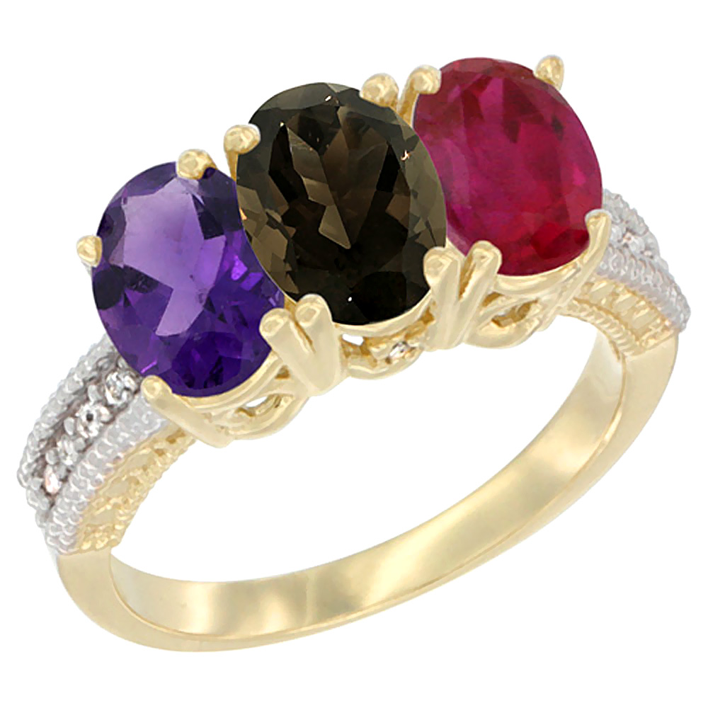 14K Yellow Gold Natural Amethyst, Smoky Topaz &amp; Enhanced Ruby Ring 3-Stone 7x5 mm Oval Diamond Accent, sizes 5 - 10