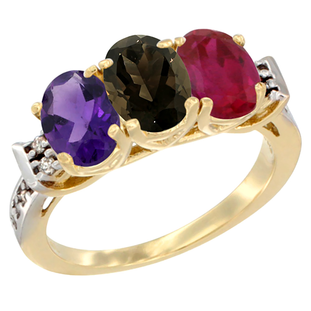10K Yellow Gold Natural Amethyst, Smoky Topaz & Enhanced Ruby Ring 3-Stone Oval 7x5 mm Diamond Accent, sizes 5 - 10