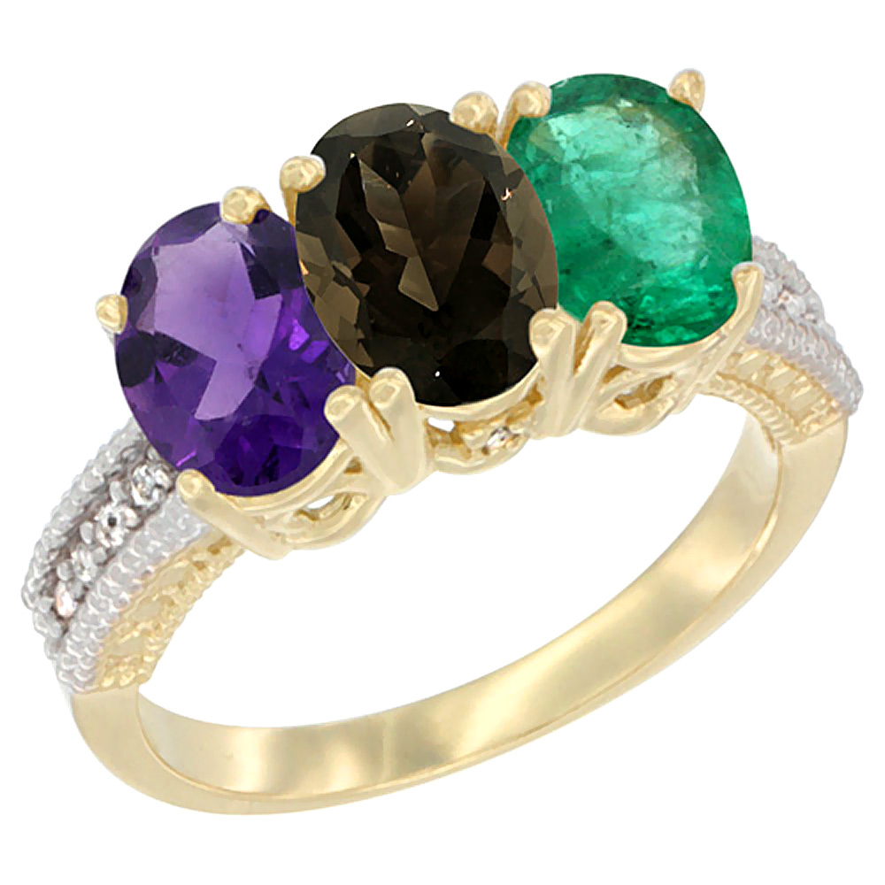 14K Yellow Gold Natural Amethyst, Smoky Topaz & Emerald Ring 3-Stone 7x5 mm Oval Diamond Accent, sizes 5 - 10
