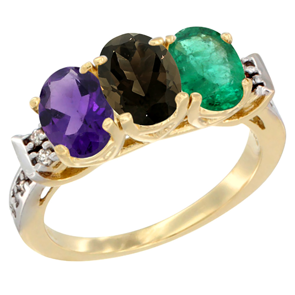 14K Yellow Gold Natural Amethyst, Smoky Topaz &amp; Emerald Ring 3-Stone 7x5 mm Oval Diamond Accent, sizes 5 - 10