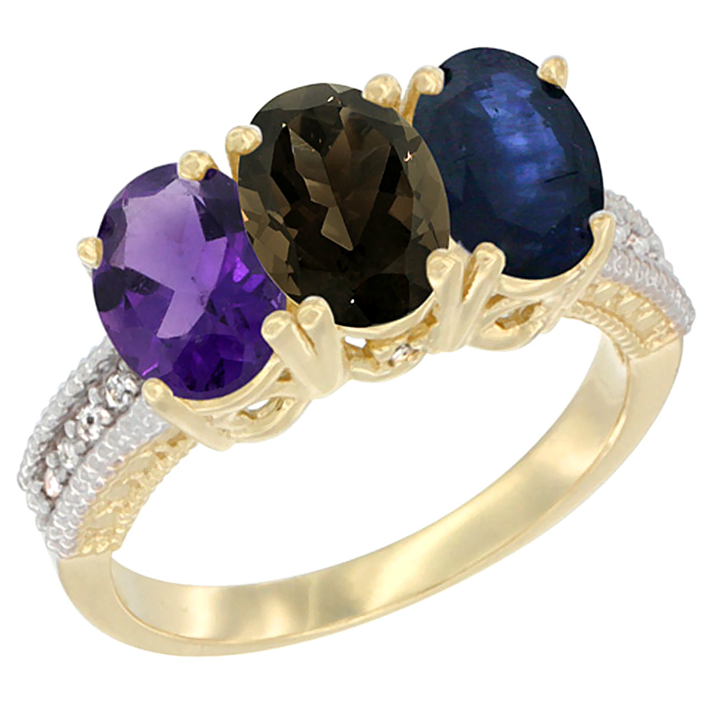 14K Yellow Gold Natural Amethyst, Smoky Topaz &amp; Blue Sapphire Ring 3-Stone 7x5 mm Oval Diamond Accent, sizes 5 - 10