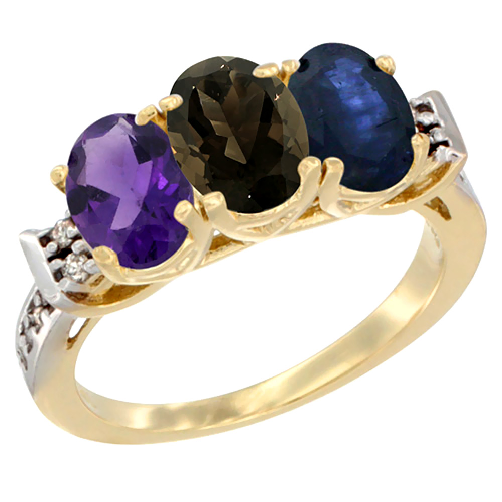 14K Yellow Gold Natural Amethyst, Smoky Topaz &amp; Blue Sapphire Ring 3-Stone 7x5 mm Oval Diamond Accent, sizes 5 - 10