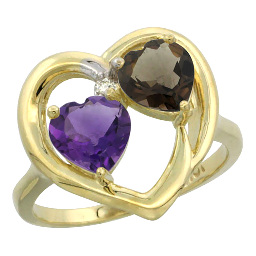 14K Yellow Gold Diamond Two-stone Heart Ring 6mm Natural Amethyst & Smoky Topaz, sizes 5-10