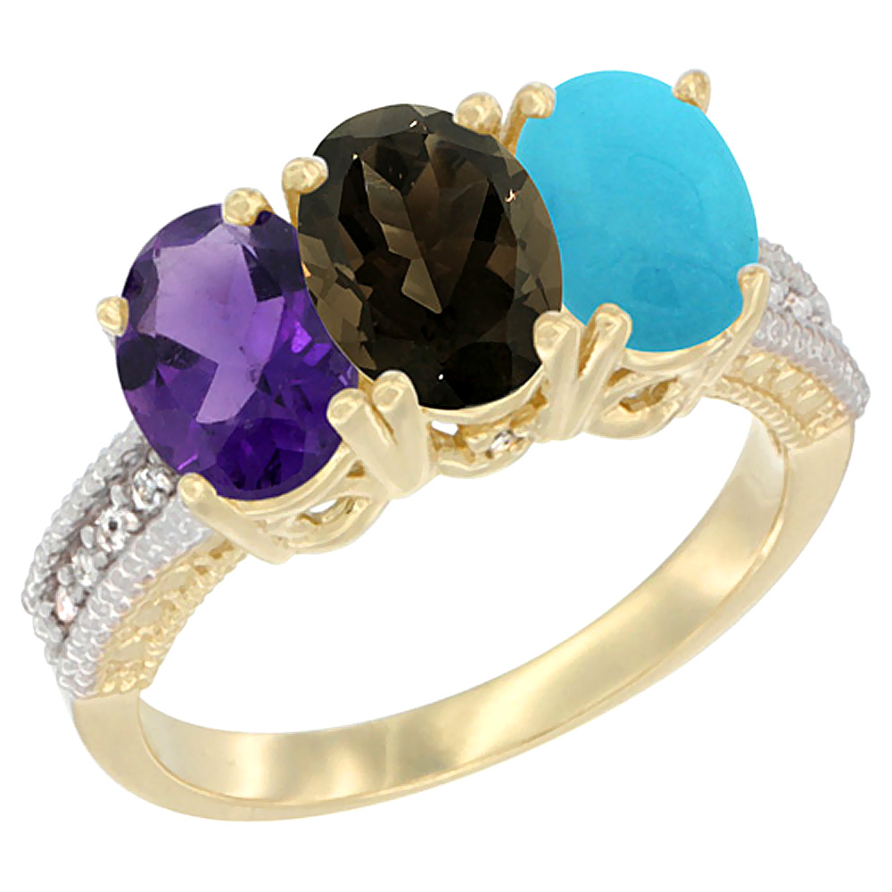 14K Yellow Gold Natural Amethyst, Smoky Topaz & Turquoise Ring 3-Stone 7x5 mm Oval Diamond Accent, sizes 5 - 10