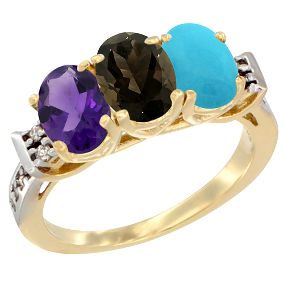 14K Yellow Gold Natural Amethyst, Smoky Topaz &amp; Turquoise Ring 3-Stone 7x5 mm Oval Diamond Accent, sizes 5 - 10