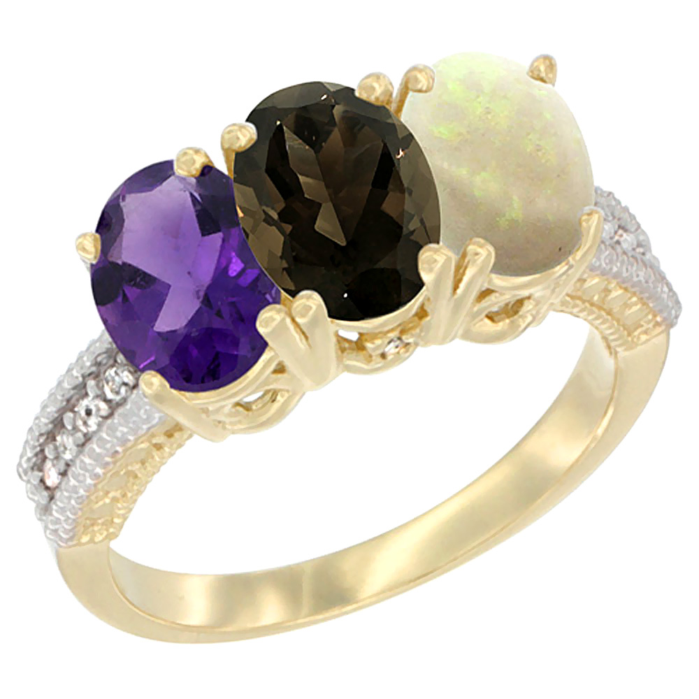 14K Yellow Gold Natural Amethyst, Smoky Topaz & Opal Ring 3-Stone 7x5 mm Oval Diamond Accent, sizes 5 - 10