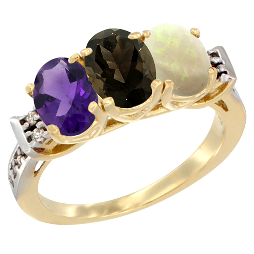 14K Yellow Gold Natural Amethyst, Smoky Topaz &amp; Opal Ring 3-Stone 7x5 mm Oval Diamond Accent, sizes 5 - 10