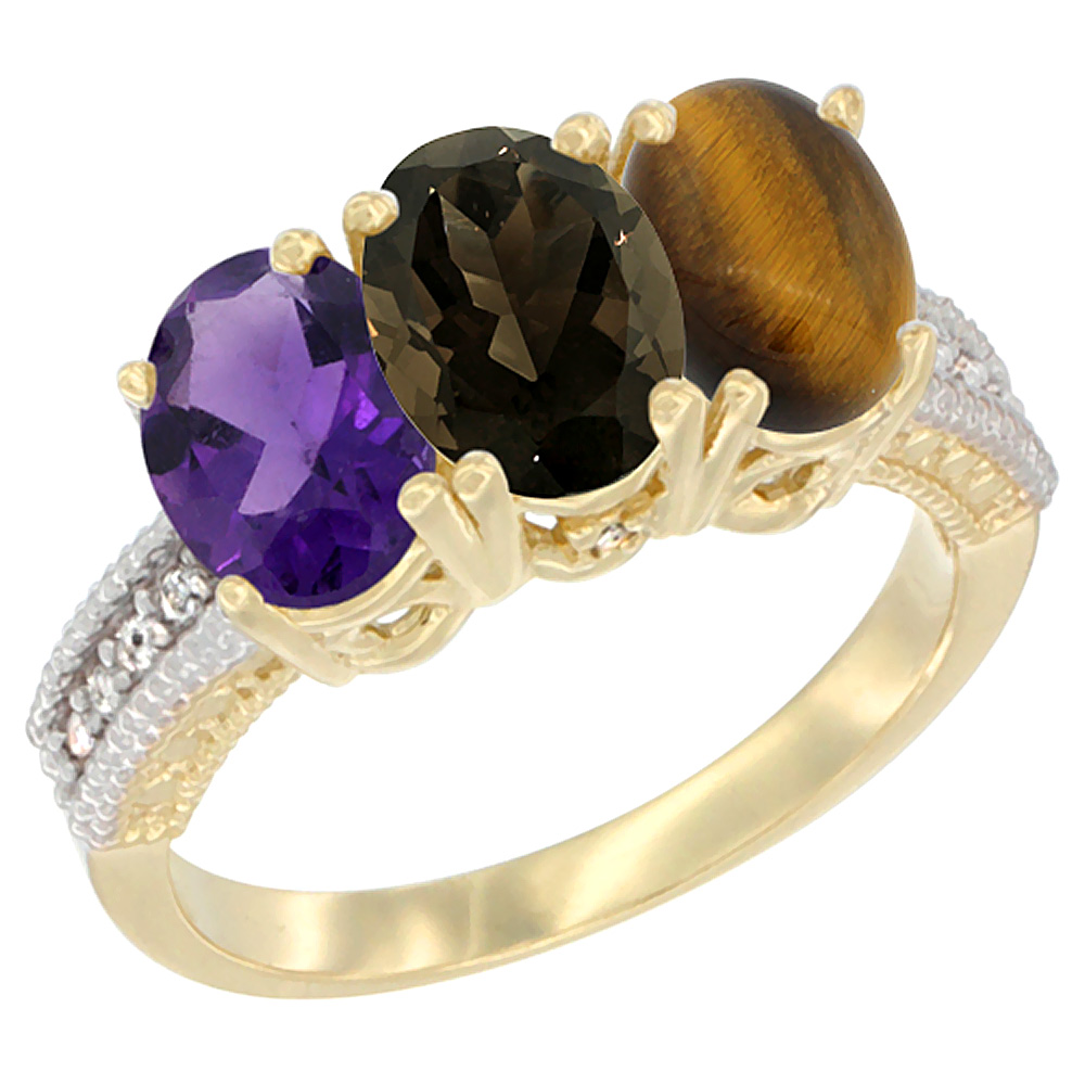 14K Yellow Gold Natural Amethyst, Smoky Topaz & Tiger Eye Ring 3-Stone 7x5 mm Oval Diamond Accent, sizes 5 - 10