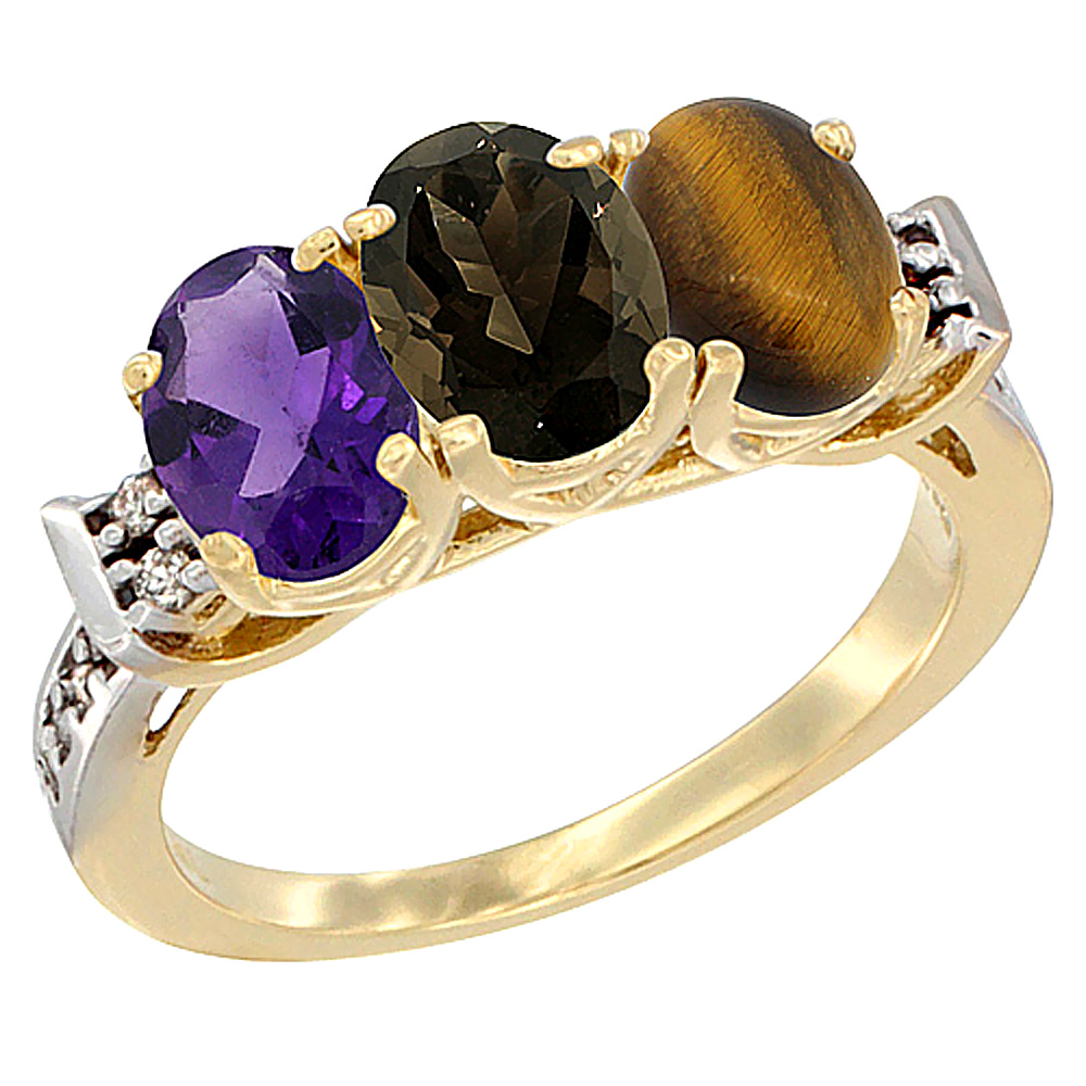 14K Yellow Gold Natural Amethyst, Smoky Topaz &amp; Tiger Eye Ring 3-Stone 7x5 mm Oval Diamond Accent, sizes 5 - 10
