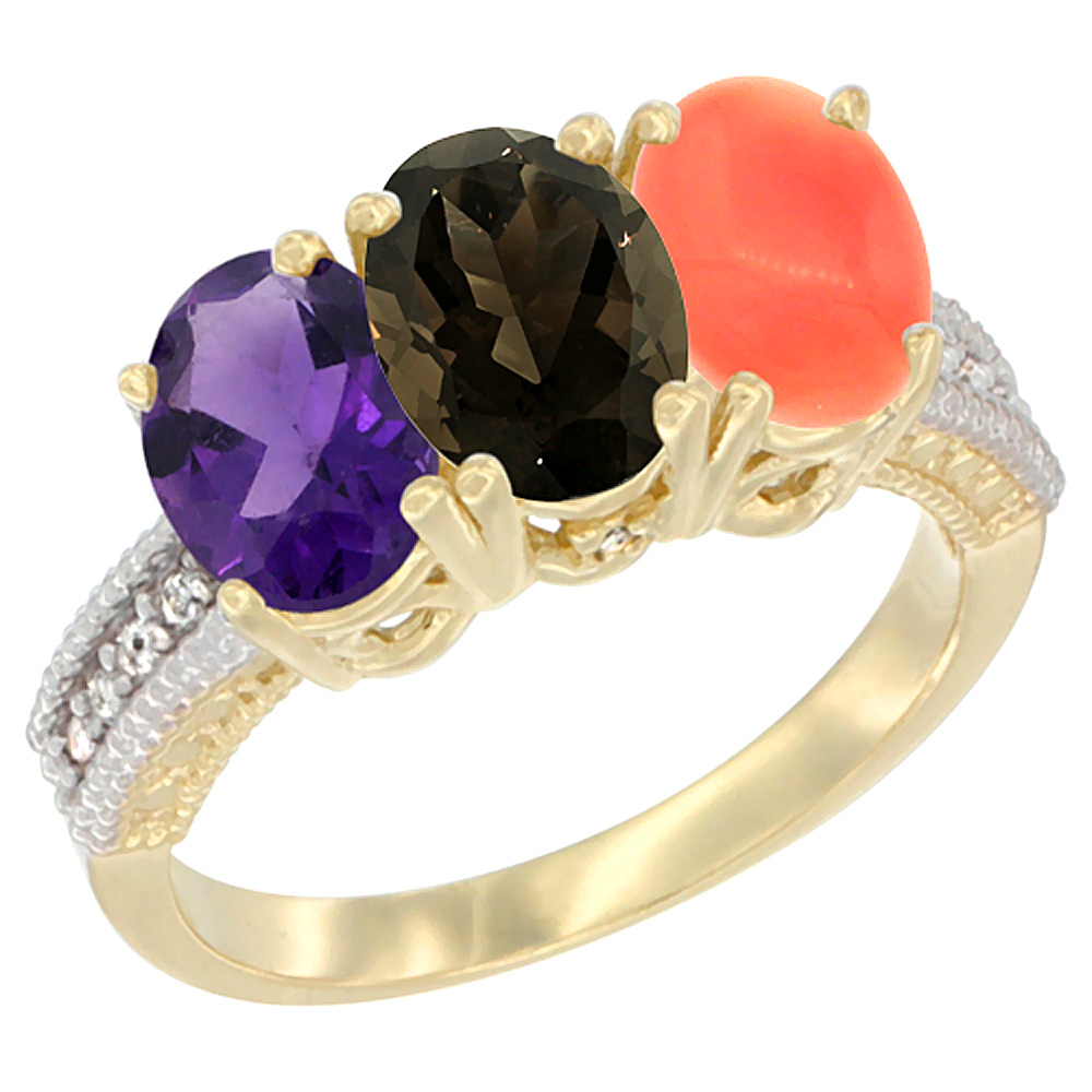 14K Yellow Gold Natural Amethyst, Smoky Topaz & Coral Ring 3-Stone 7x5 mm Oval Diamond Accent, sizes 5 - 10