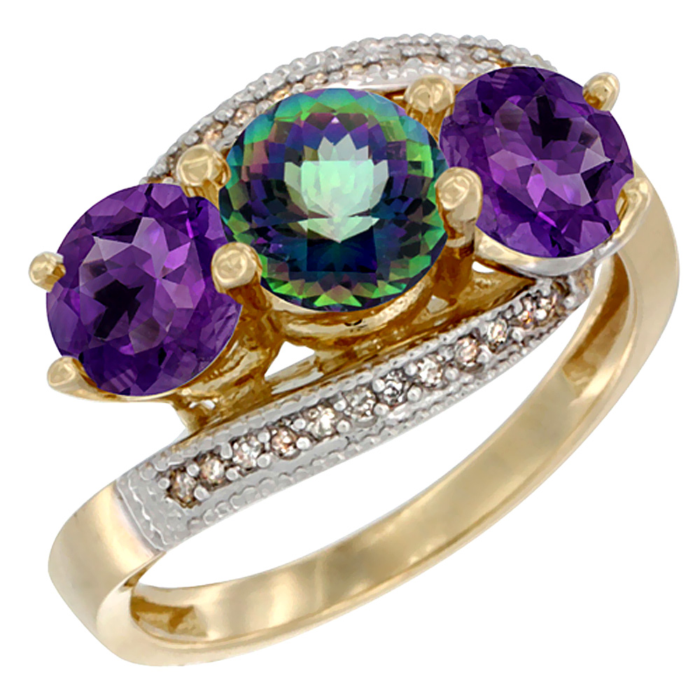 10K Yellow Gold Natural Mystic Topaz & Amethyst Sides 3 stone Ring Round 6mm Diamond Accent, sizes 5 - 10