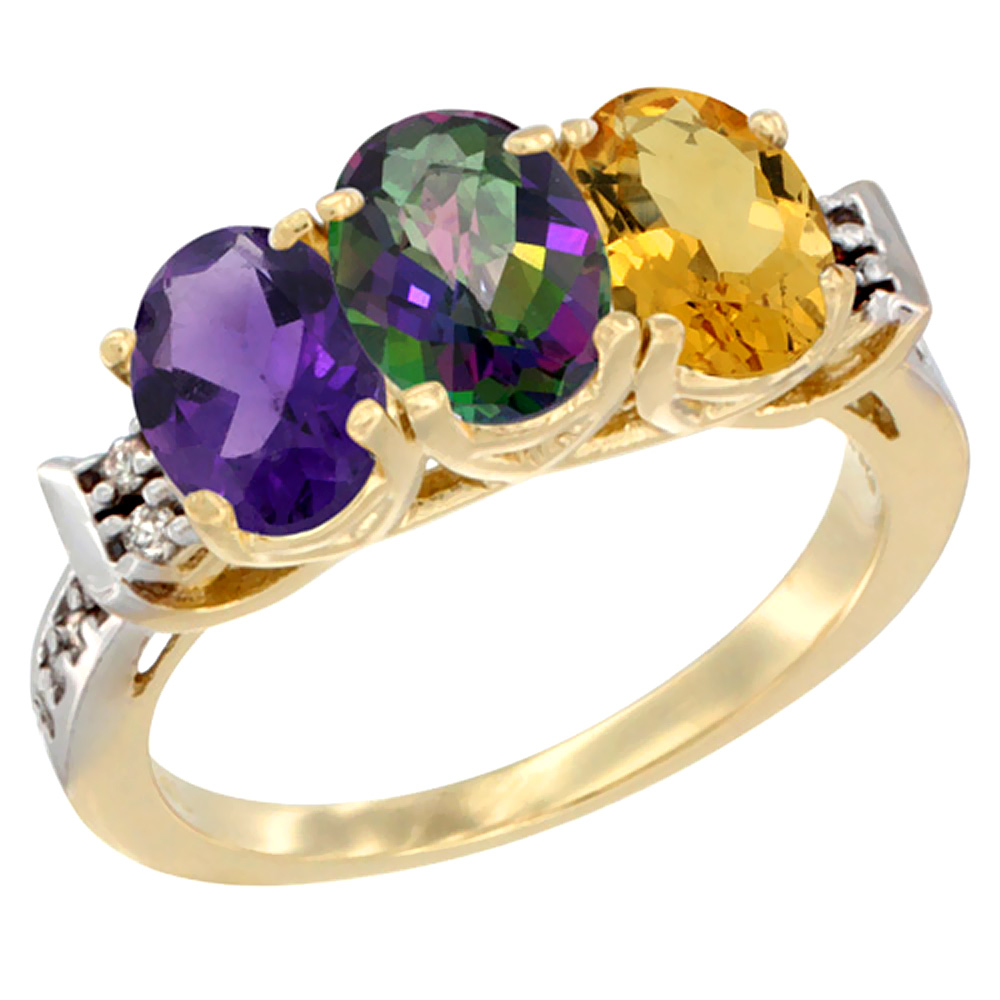 14K Yellow Gold Natural Amethyst, Mystic Topaz & Citrine Ring 3-Stone 7x5 mm Oval Diamond Accent, sizes 5 - 10