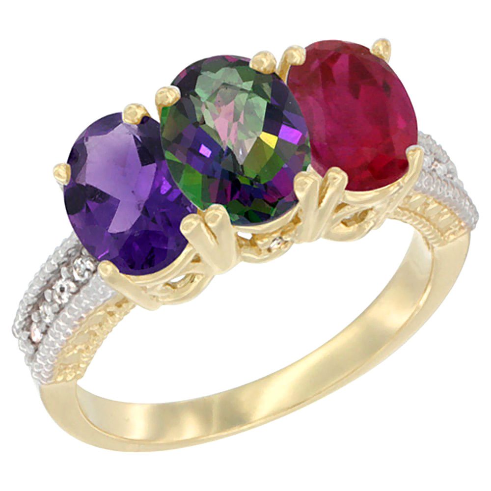 14K Yellow Gold Natural Amethyst, Mystic Topaz & Enhanced Ruby Ring 3-Stone 7x5 mm Oval Diamond Accent, sizes 5 - 10