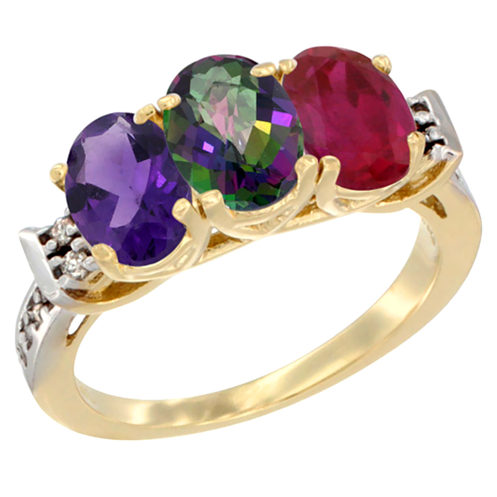 14K Yellow Gold Natural Amethyst, Mystic Topaz &amp; Enhanced Ruby Ring 3-Stone 7x5 mm Oval Diamond Accent, sizes 5 - 10