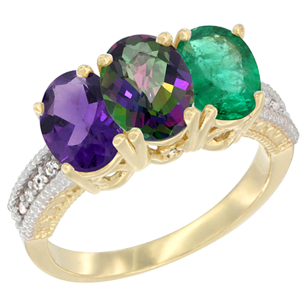 14K Yellow Gold Natural Amethyst, Mystic Topaz & Emerald Ring 3-Stone 7x5 mm Oval Diamond Accent, sizes 5 - 10