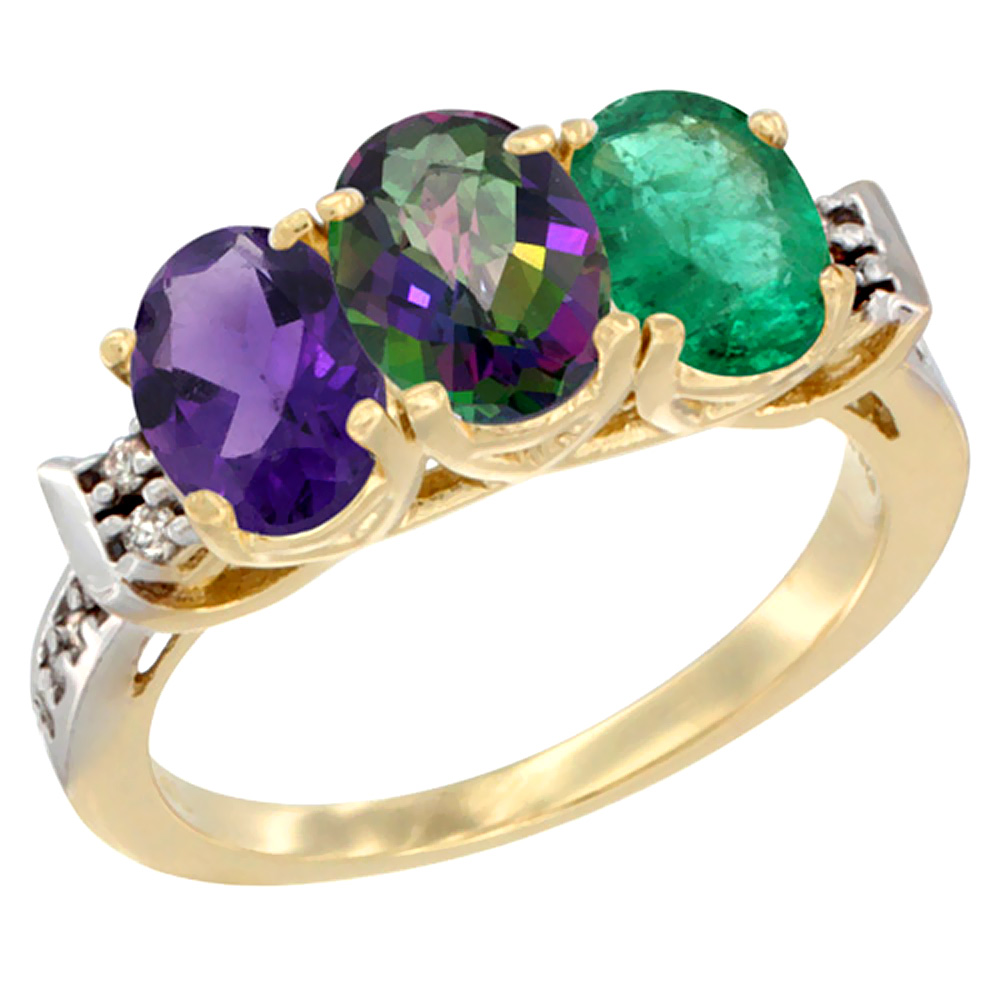 14K Yellow Gold Natural Amethyst, Mystic Topaz &amp; Emerald Ring 3-Stone 7x5 mm Oval Diamond Accent, sizes 5 - 10