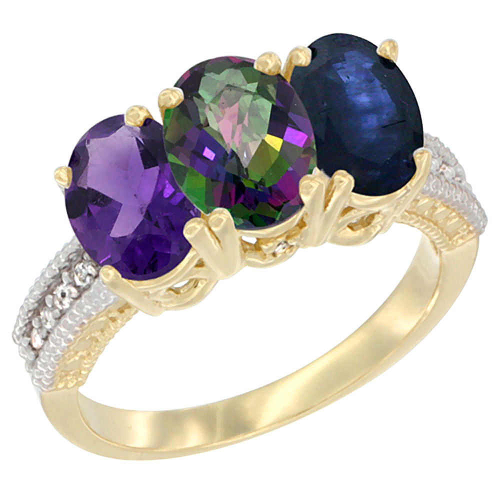 14K Yellow Gold Natural Amethyst, Mystic Topaz &amp; Blue Sapphire Ring 3-Stone 7x5 mm Oval Diamond Accent, sizes 5 - 10