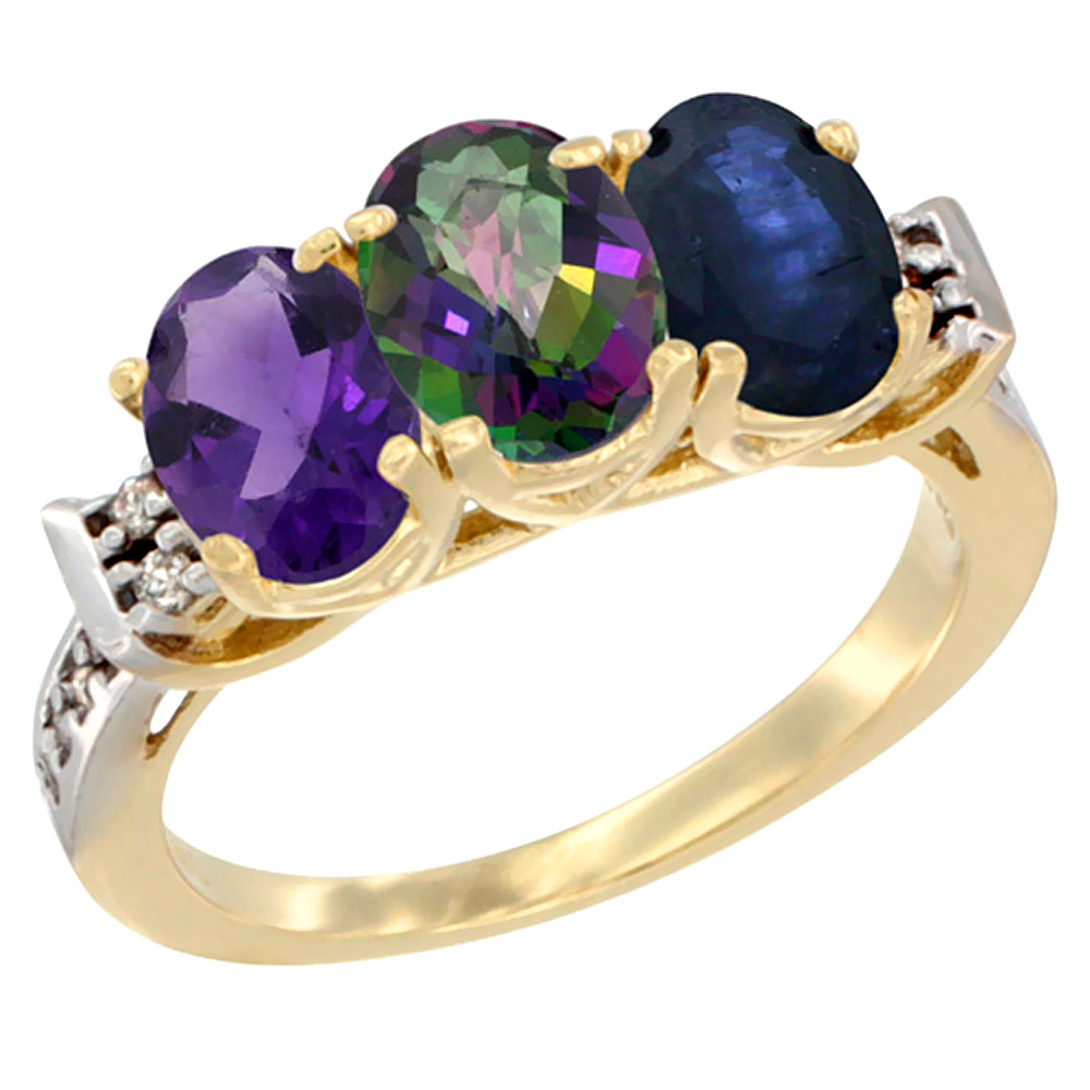 14K Yellow Gold Natural Amethyst, Mystic Topaz & Blue Sapphire Ring 3-Stone 7x5 mm Oval Diamond Accent, sizes 5 - 10