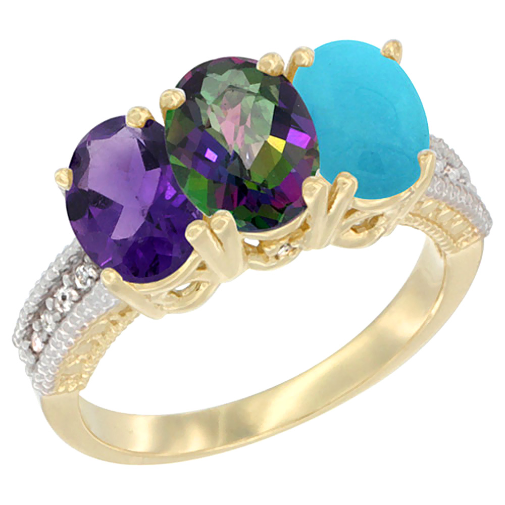 14K Yellow Gold Natural Amethyst, Mystic Topaz &amp; Turquoise Ring 3-Stone 7x5 mm Oval Diamond Accent, sizes 5 - 10