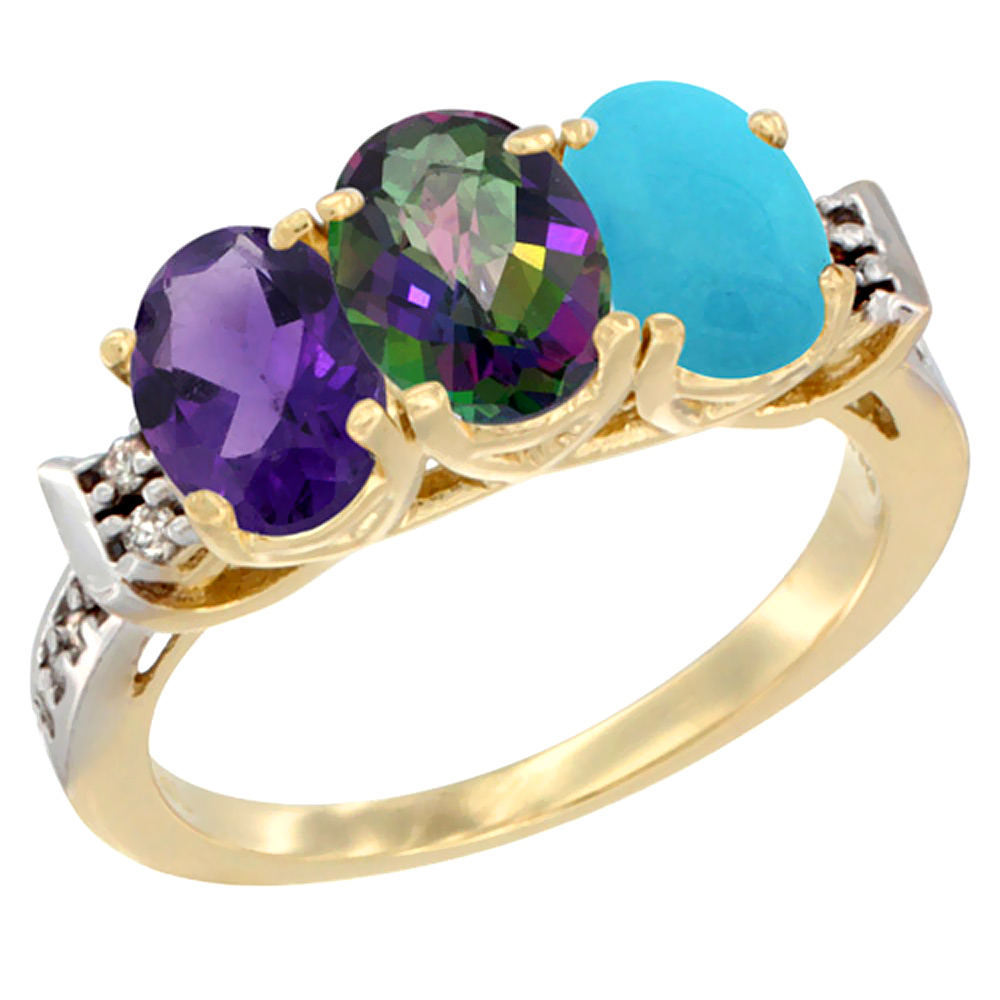 14K Yellow Gold Natural Amethyst, Mystic Topaz & Turquoise Ring 3-Stone 7x5 mm Oval Diamond Accent, sizes 5 - 10