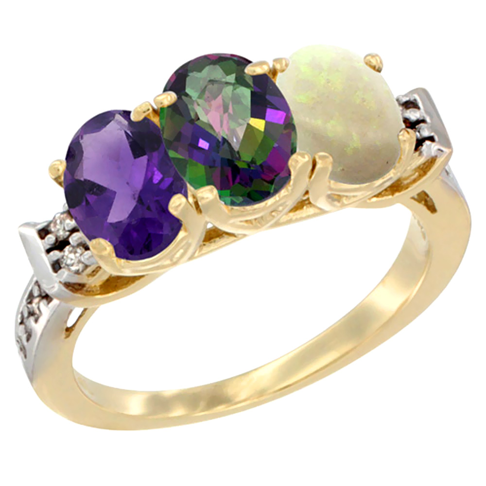14K Yellow Gold Natural Amethyst, Mystic Topaz & Opal Ring 3-Stone 7x5 mm Oval Diamond Accent, sizes 5 - 10