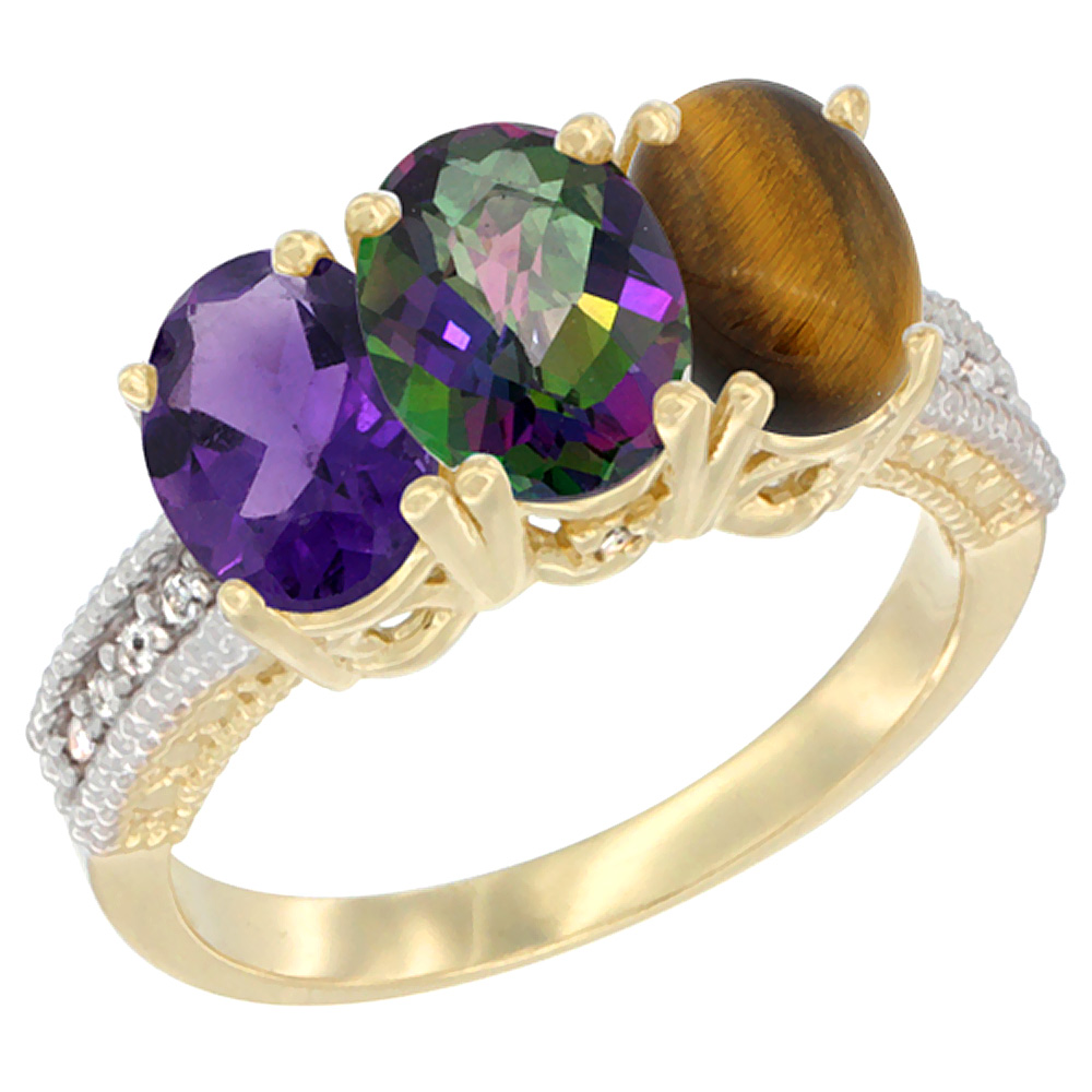 14K Yellow Gold Natural Amethyst, Mystic Topaz &amp; Tiger Eye Ring 3-Stone 7x5 mm Oval Diamond Accent, sizes 5 - 10