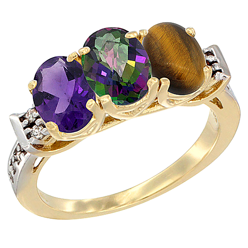 10K Yellow Gold Natural Amethyst, Mystic Topaz & Tiger Eye Ring 3-Stone Oval 7x5 mm Diamond Accent, sizes 5 - 10