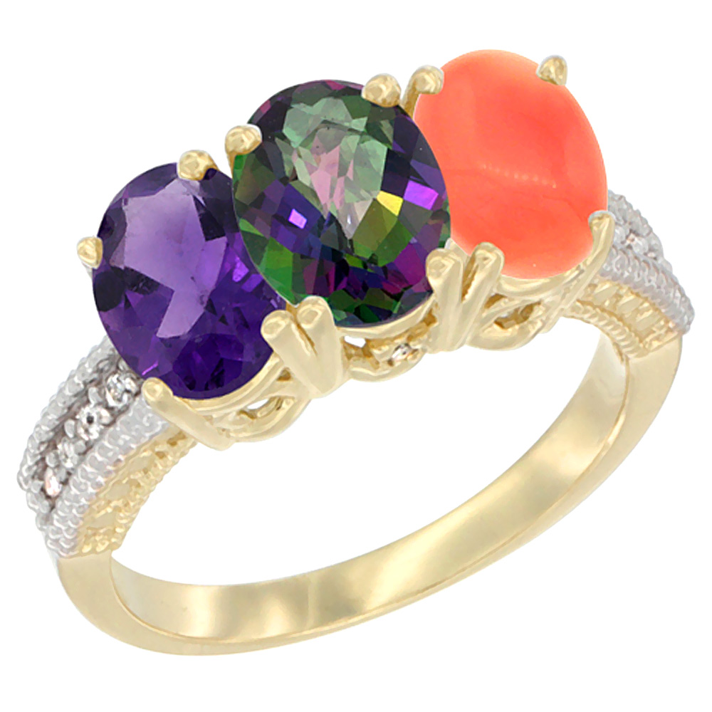 14K Yellow Gold Natural Amethyst, Mystic Topaz & Coral Ring 3-Stone 7x5 mm Oval Diamond Accent, sizes 5 - 10