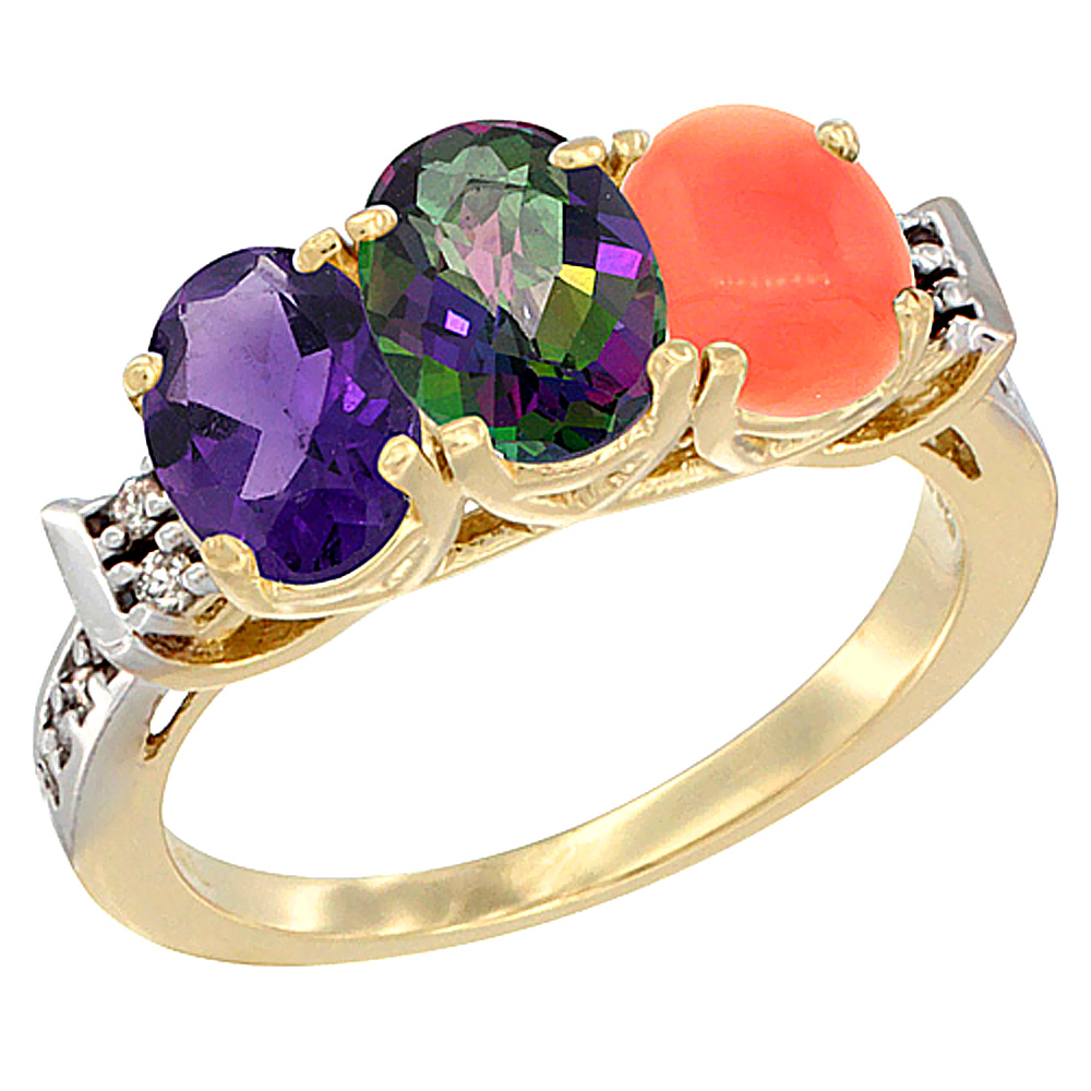 14K Yellow Gold Natural Amethyst, Mystic Topaz & Coral Ring 3-Stone 7x5 mm Oval Diamond Accent, sizes 5 - 10