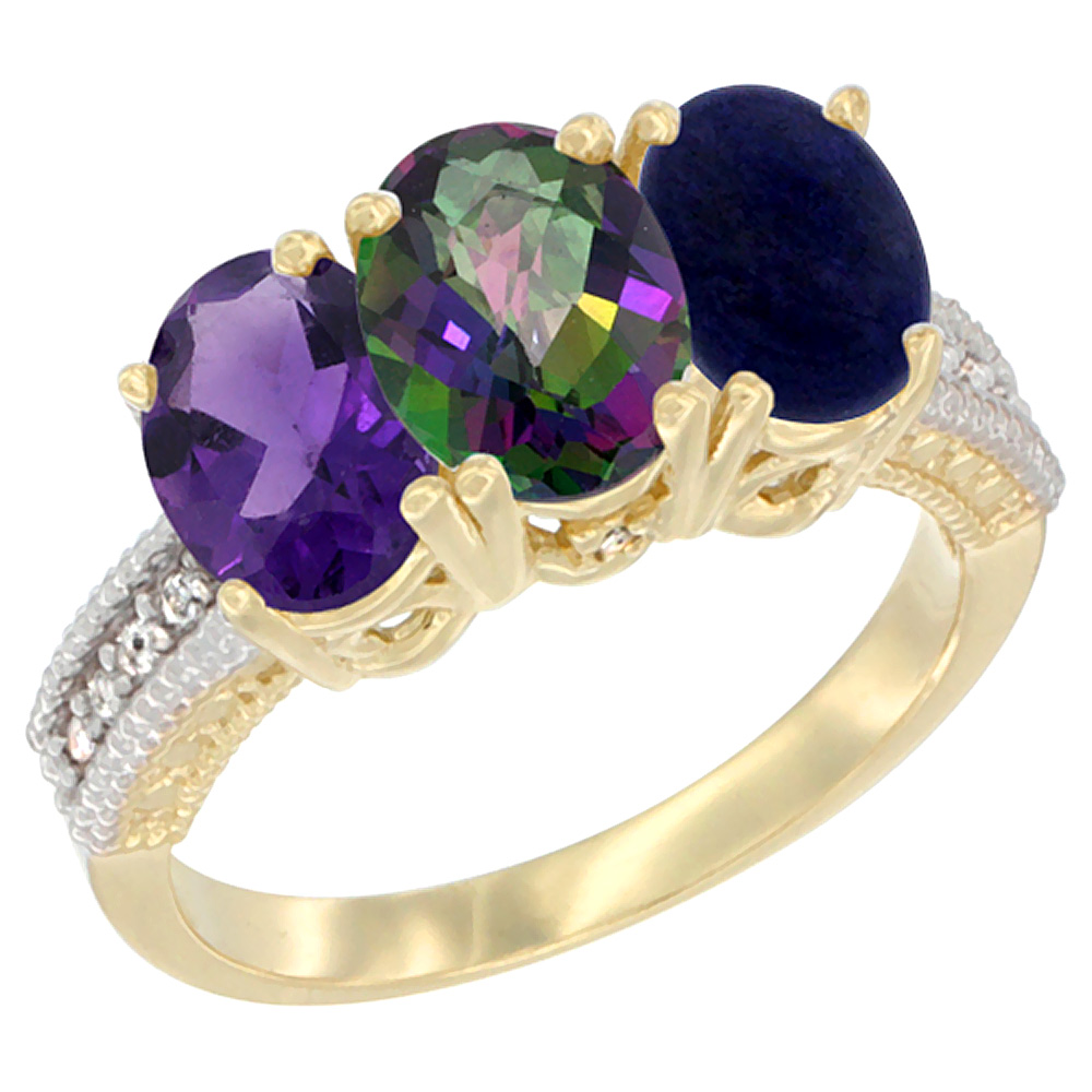14K Yellow Gold Natural Amethyst, Mystic Topaz & Lapis Ring 3-Stone 7x5 mm Oval Diamond Accent, sizes 5 - 10