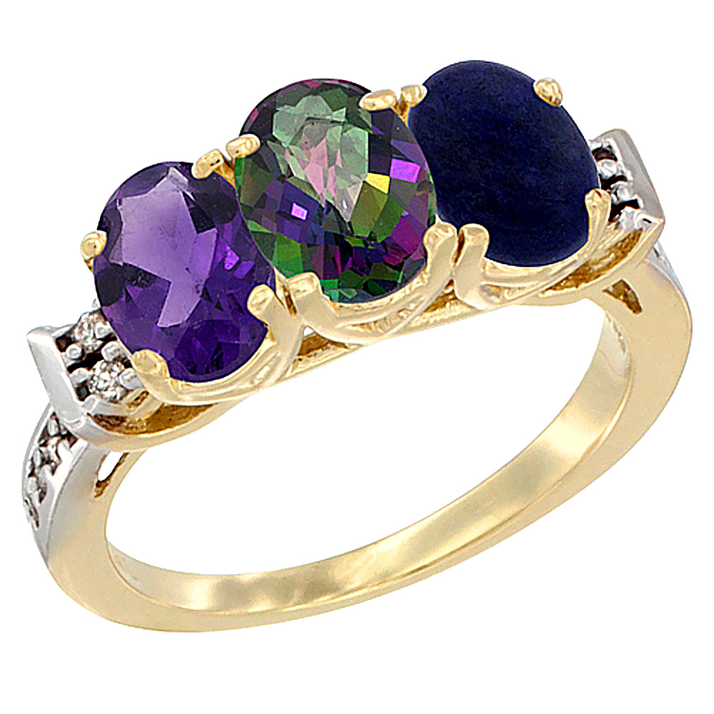 10K Yellow Gold Natural Amethyst, Mystic Topaz &amp; Lapis Ring 3-Stone Oval 7x5 mm Diamond Accent, sizes 5 - 10