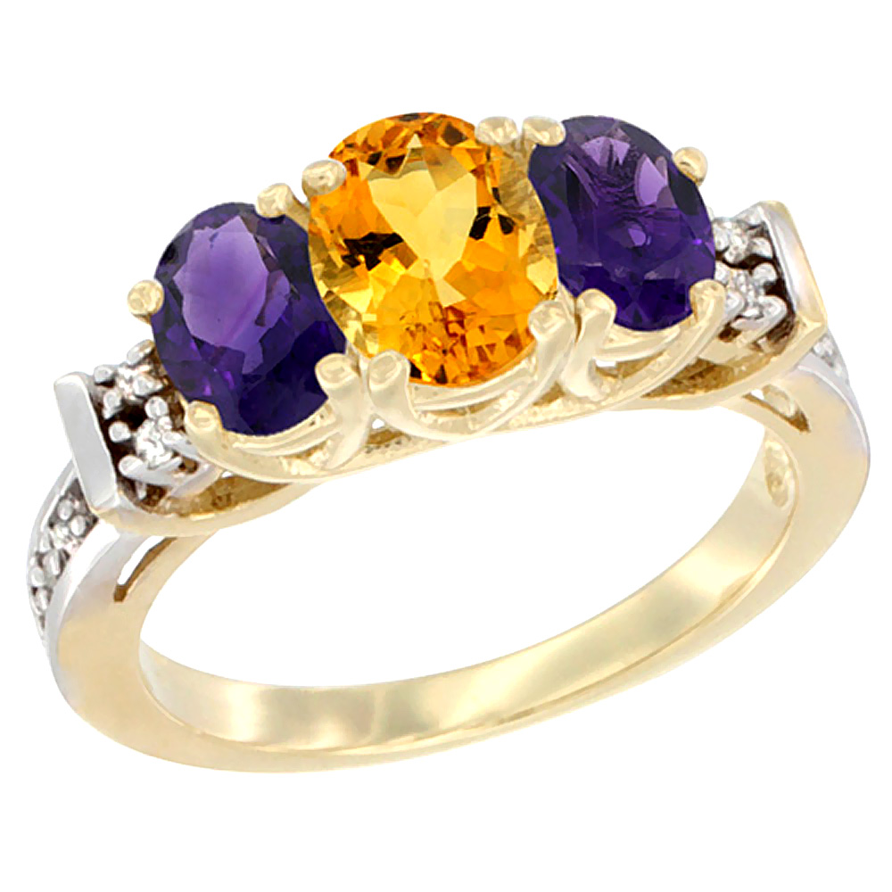 10K Yellow Gold Natural Citrine & Amethyst Ring 3-Stone Oval Diamond Accent