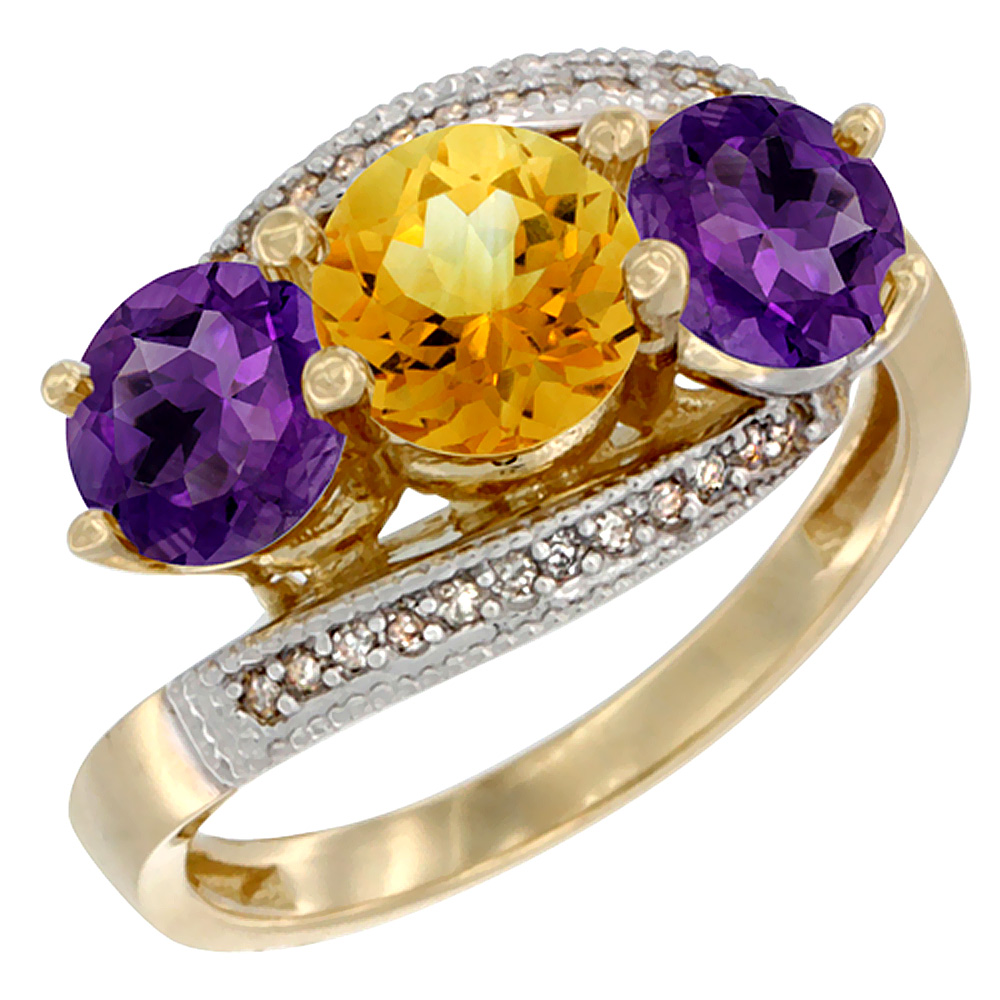 14K Yellow Gold Natural Citrine & Amethyst Sides 3 stone Ring Round 6mm Diamond Accent, sizes 5 - 10