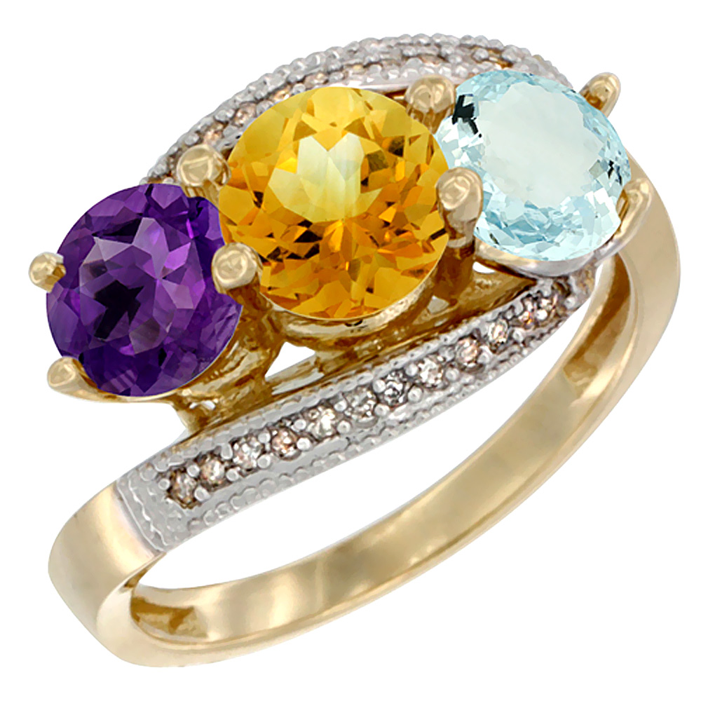 10K Yellow Gold Natural Amethyst, Citrine & Aquamarine 3 stone Ring Round 6mm Diamond Accent, sizes 5 - 10