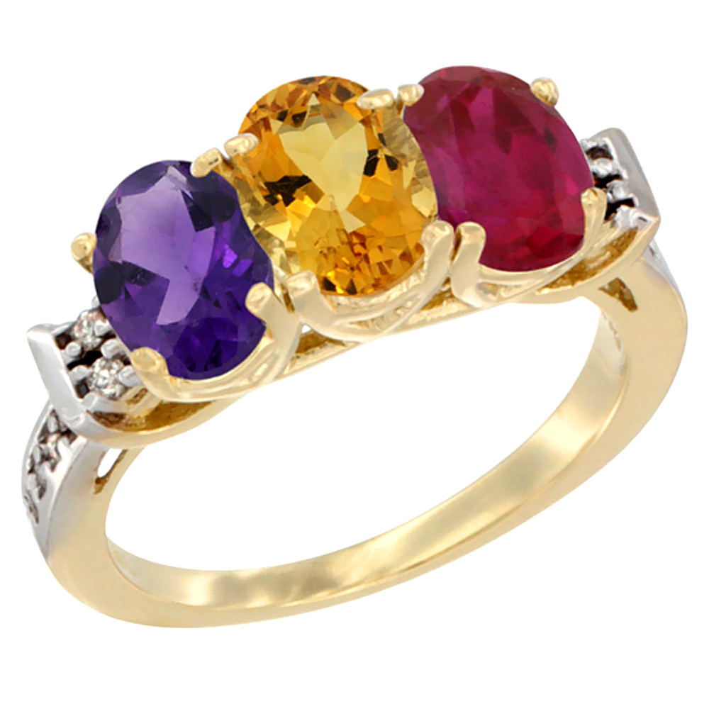 10K Yellow Gold Natural Amethyst, Citrine & Enhanced Ruby Ring 3-Stone Oval 7x5 mm Diamond Accent, sizes 5 - 10