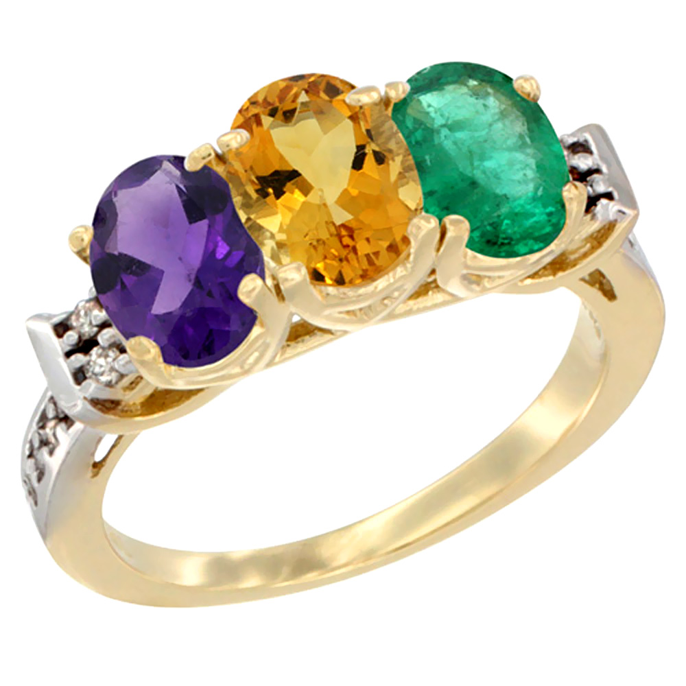 10K Yellow Gold Natural Amethyst, Citrine &amp; Emerald Ring 3-Stone Oval 7x5 mm Diamond Accent, sizes 5 - 10