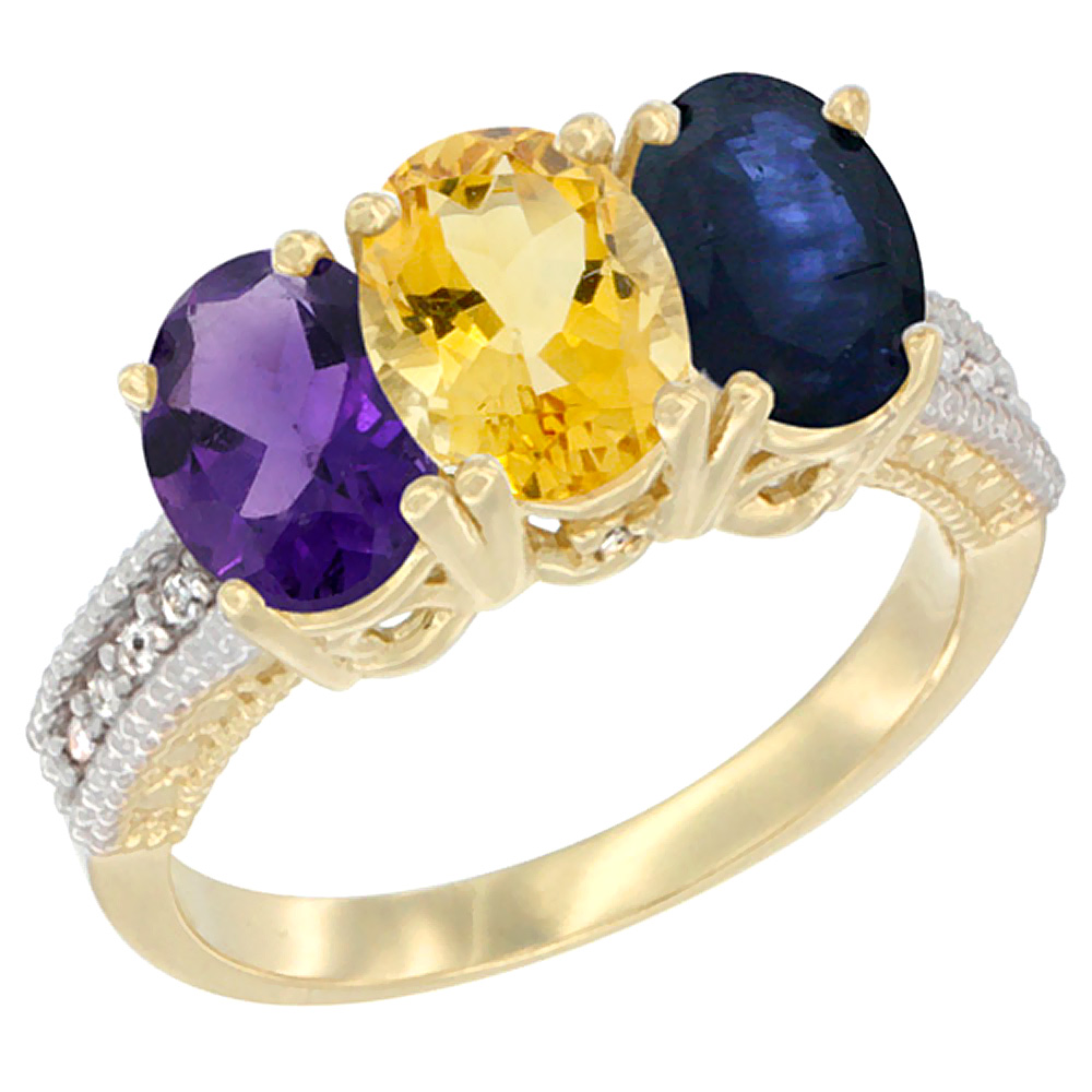 10K Yellow Gold Diamond Natural Amethyst, Citrine & Blue Sapphire Ring Oval 3-Stone 7x5 mm,sizes 5-10
