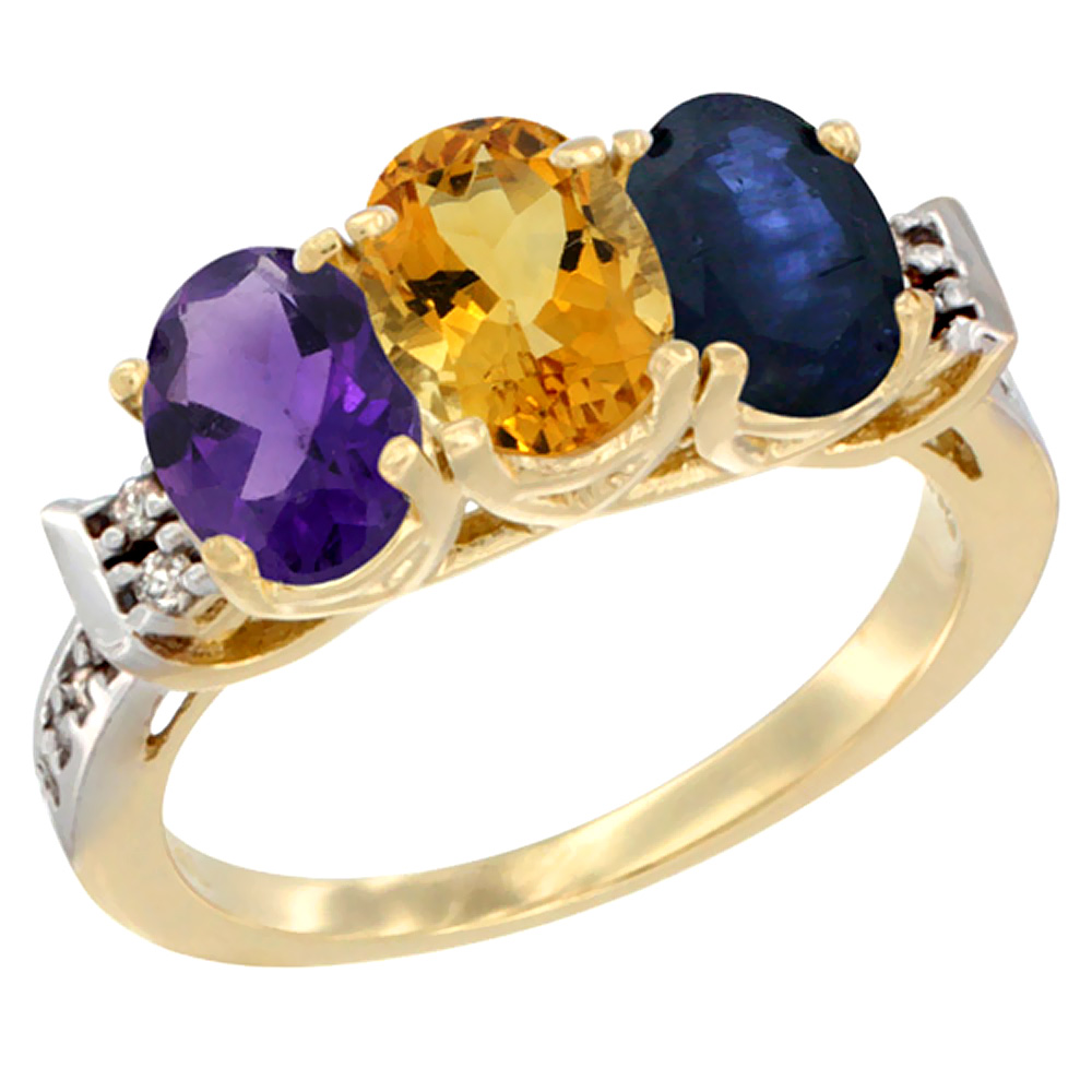 14K Yellow Gold Natural Amethyst, Citrine & Blue Sapphire Ring 3-Stone 7x5 mm Oval Diamond Accent, sizes 5 - 10