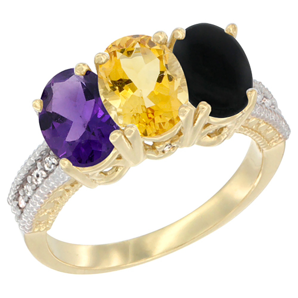 14K Yellow Gold Natural Amethyst, Citrine &amp; Black Onyx Ring 3-Stone 7x5 mm Oval Diamond Accent, sizes 5 - 10