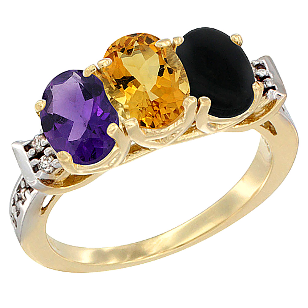 10K Yellow Gold Natural Amethyst, Citrine &amp; Black Onyx Ring 3-Stone Oval 7x5 mm Diamond Accent, sizes 5 - 10