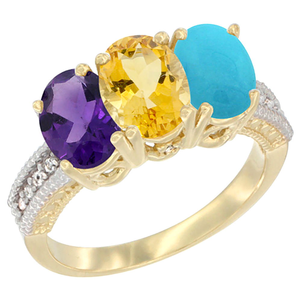 14K Yellow Gold Natural Amethyst, Citrine & Turquoise Ring 3-Stone 7x5 mm Oval Diamond Accent, sizes 5 - 10