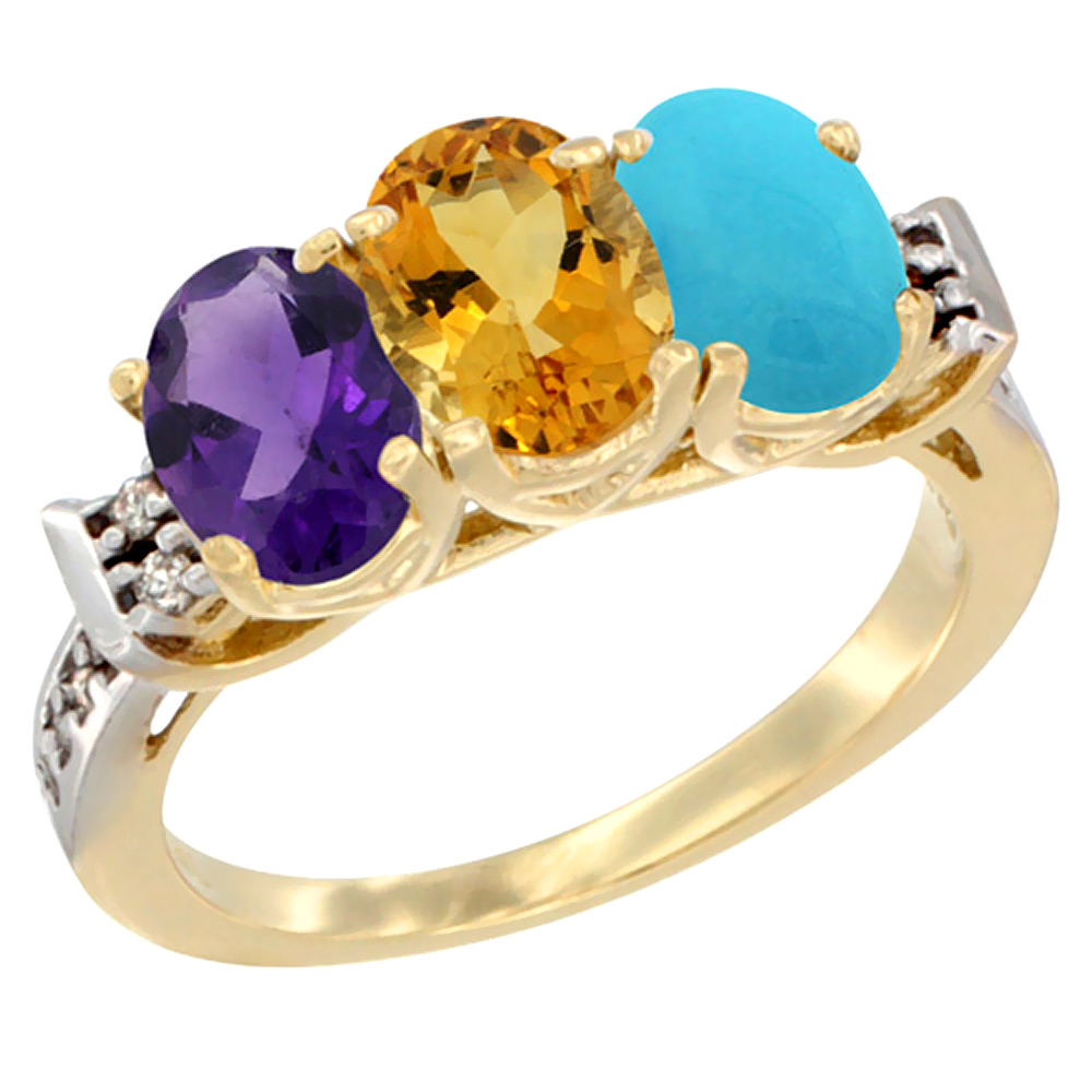 10K Yellow Gold Natural Amethyst, Citrine &amp; Turquoise Ring 3-Stone Oval 7x5 mm Diamond Accent, sizes 5 - 10