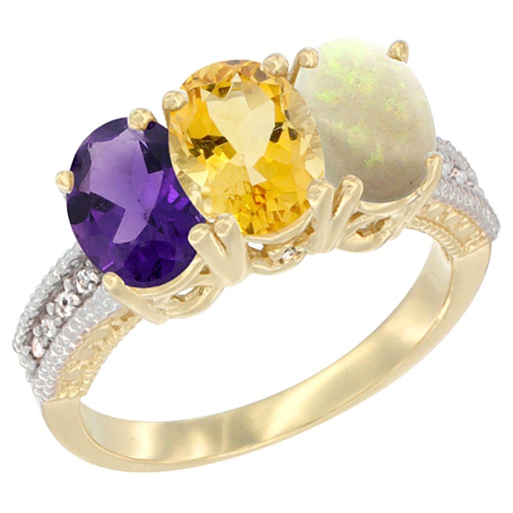 14K Yellow Gold Natural Amethyst, Citrine & Opal Ring 3-Stone 7x5 mm Oval Diamond Accent, sizes 5 - 10