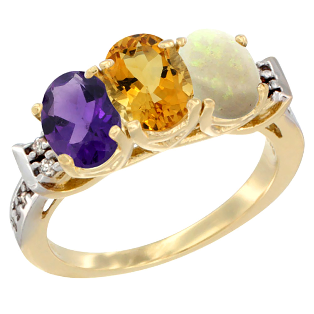 14K Yellow Gold Natural Amethyst, Citrine &amp; Opal Ring 3-Stone 7x5 mm Oval Diamond Accent, sizes 5 - 10