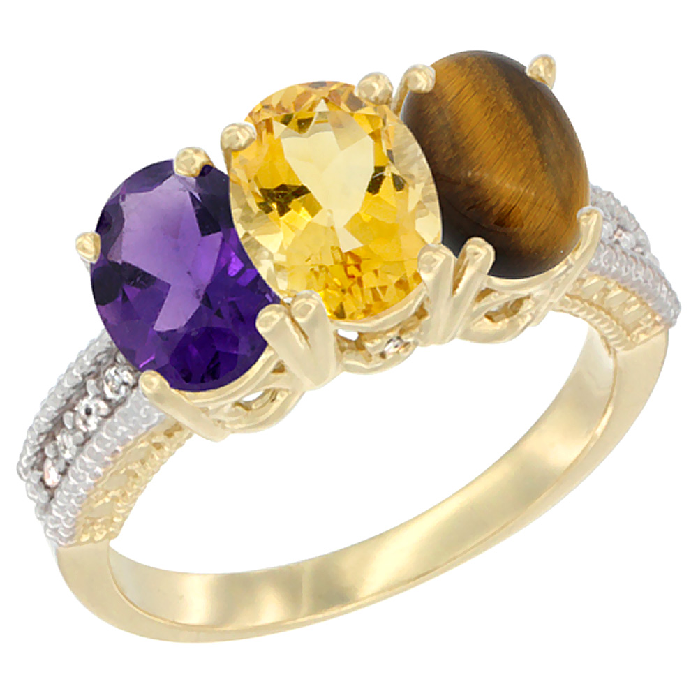 14K Yellow Gold Natural Amethyst, Citrine &amp; Tiger Eye Ring 3-Stone 7x5 mm Oval Diamond Accent, sizes 5 - 10