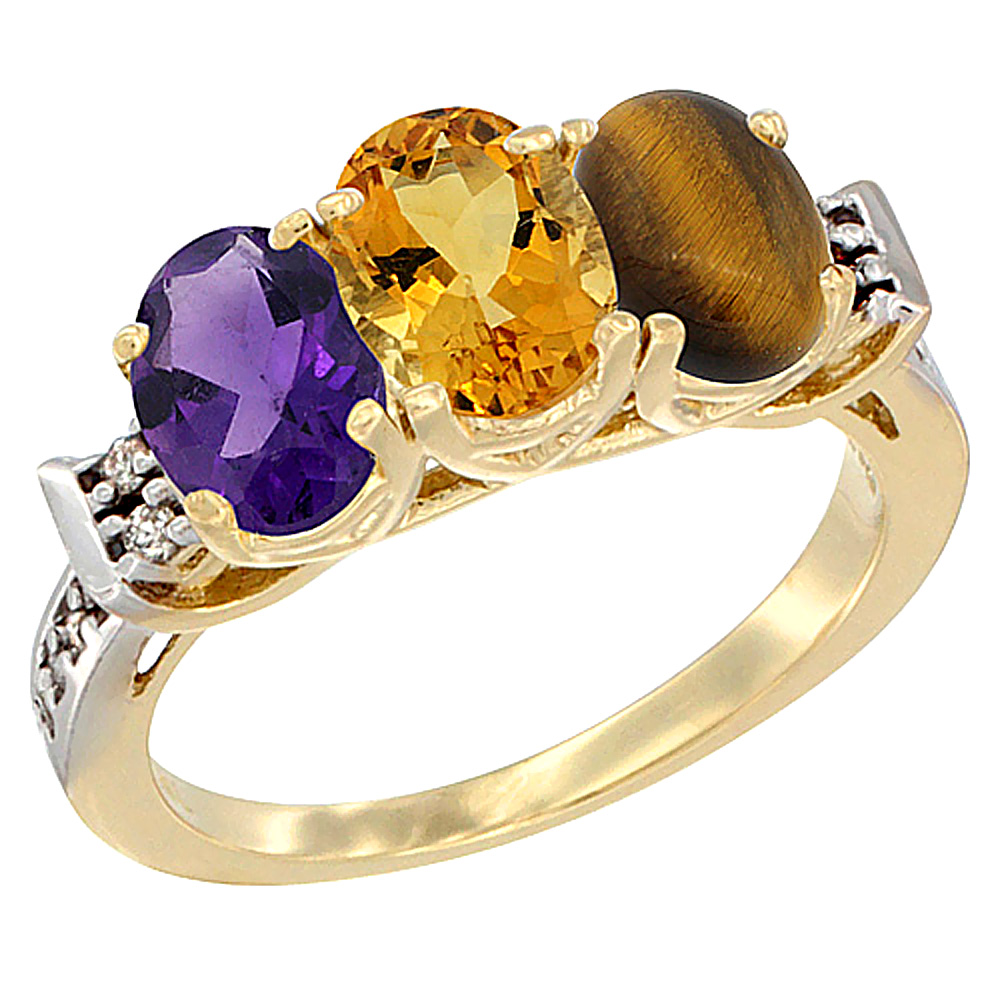 10K Yellow Gold Natural Amethyst, Citrine &amp; Tiger Eye Ring 3-Stone Oval 7x5 mm Diamond Accent, sizes 5 - 10