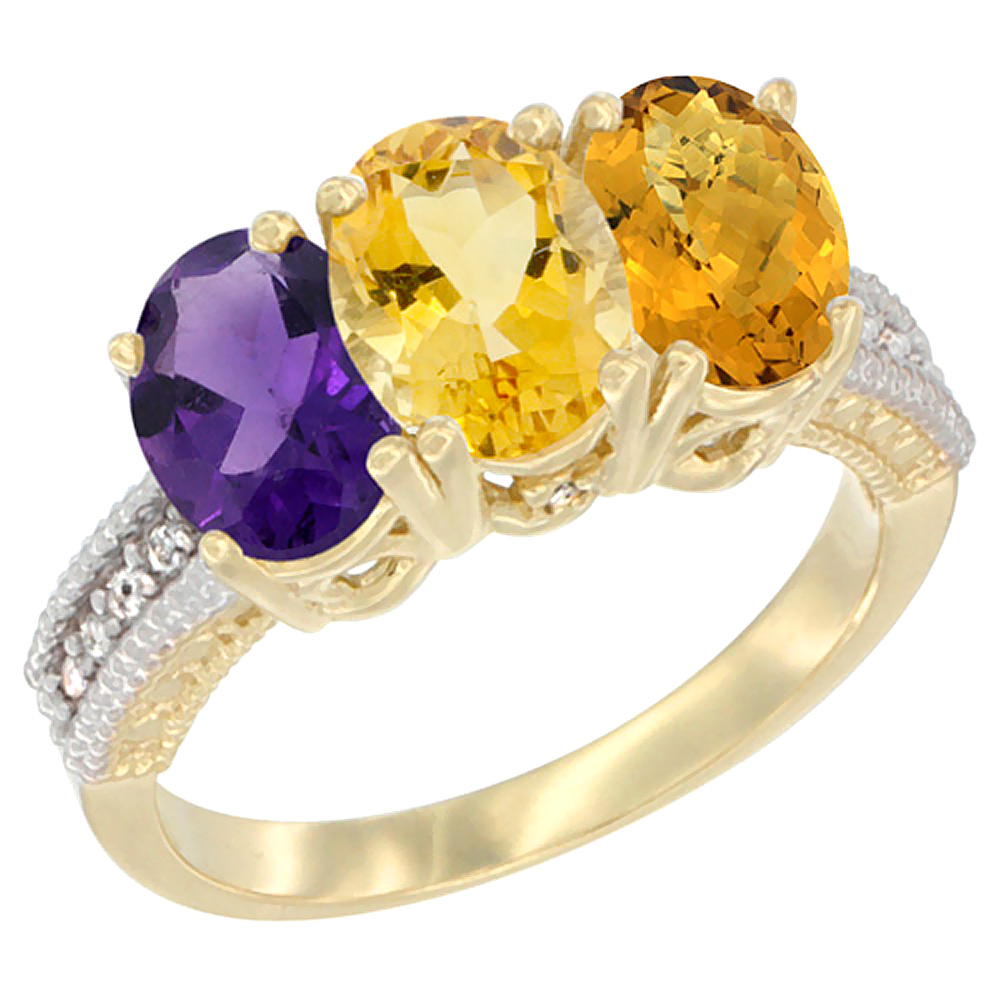 14K Yellow Gold Natural Amethyst, Citrine & Whisky Quartz Ring 3-Stone 7x5 mm Oval Diamond Accent, sizes 5 - 10
