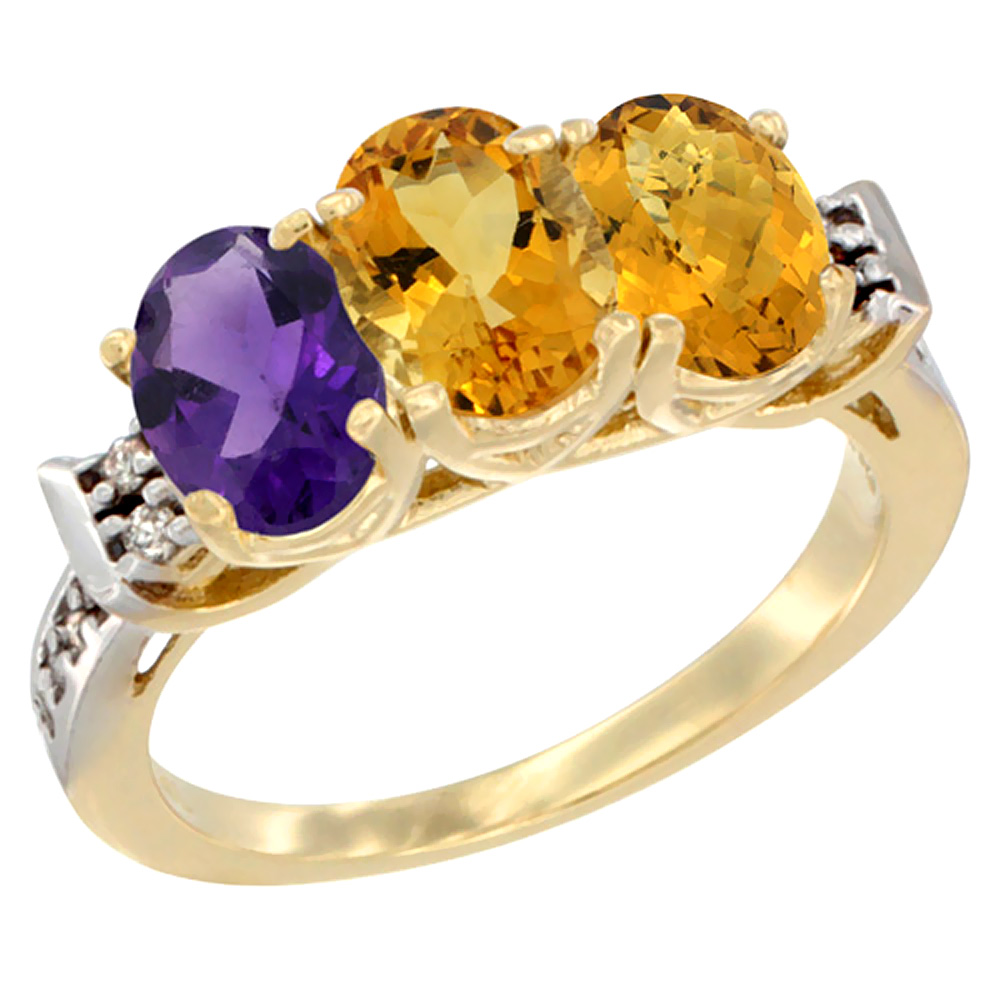 14K Yellow Gold Natural Amethyst, Citrine &amp; Whisky Quartz Ring 3-Stone 7x5 mm Oval Diamond Accent, sizes 5 - 10