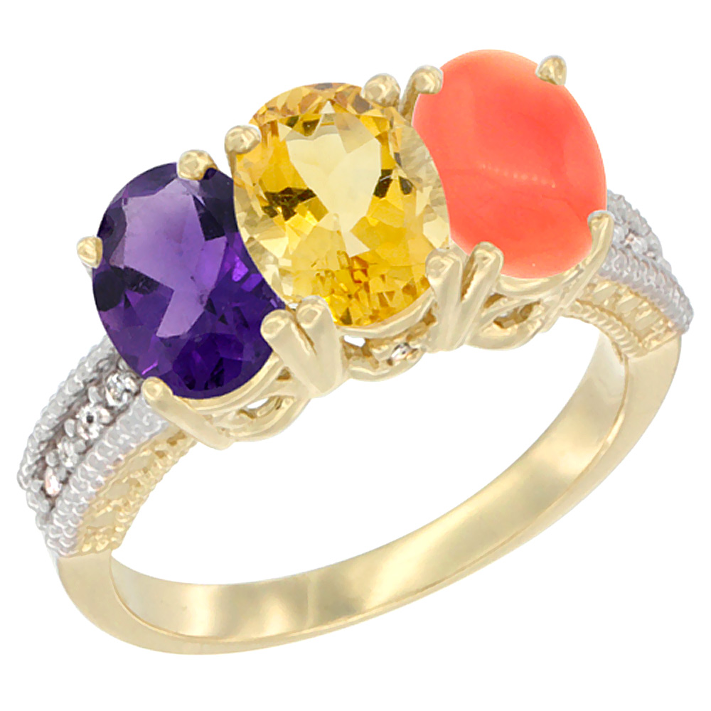 14K Yellow Gold Natural Amethyst, Citrine & Coral Ring 3-Stone 7x5 mm Oval Diamond Accent, sizes 5 - 10