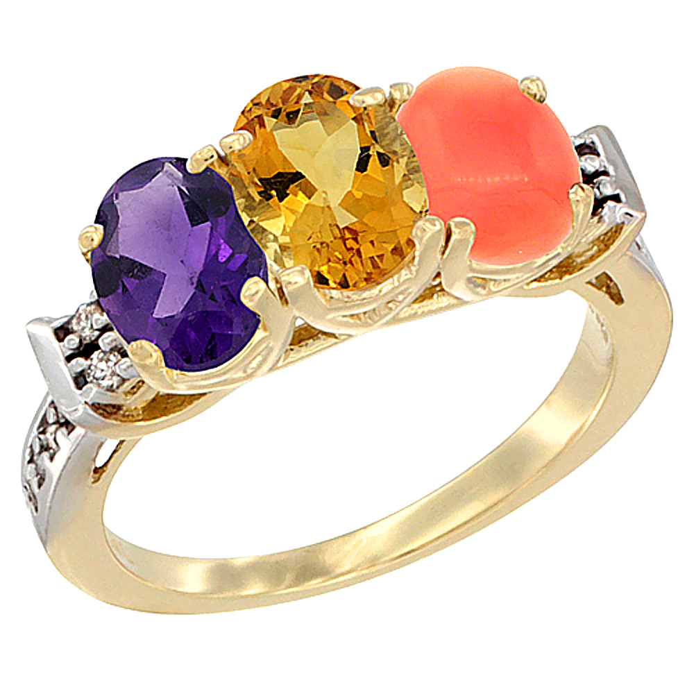 10K Yellow Gold Natural Amethyst, Citrine &amp; Coral Ring 3-Stone Oval 7x5 mm Diamond Accent, sizes 5 - 10